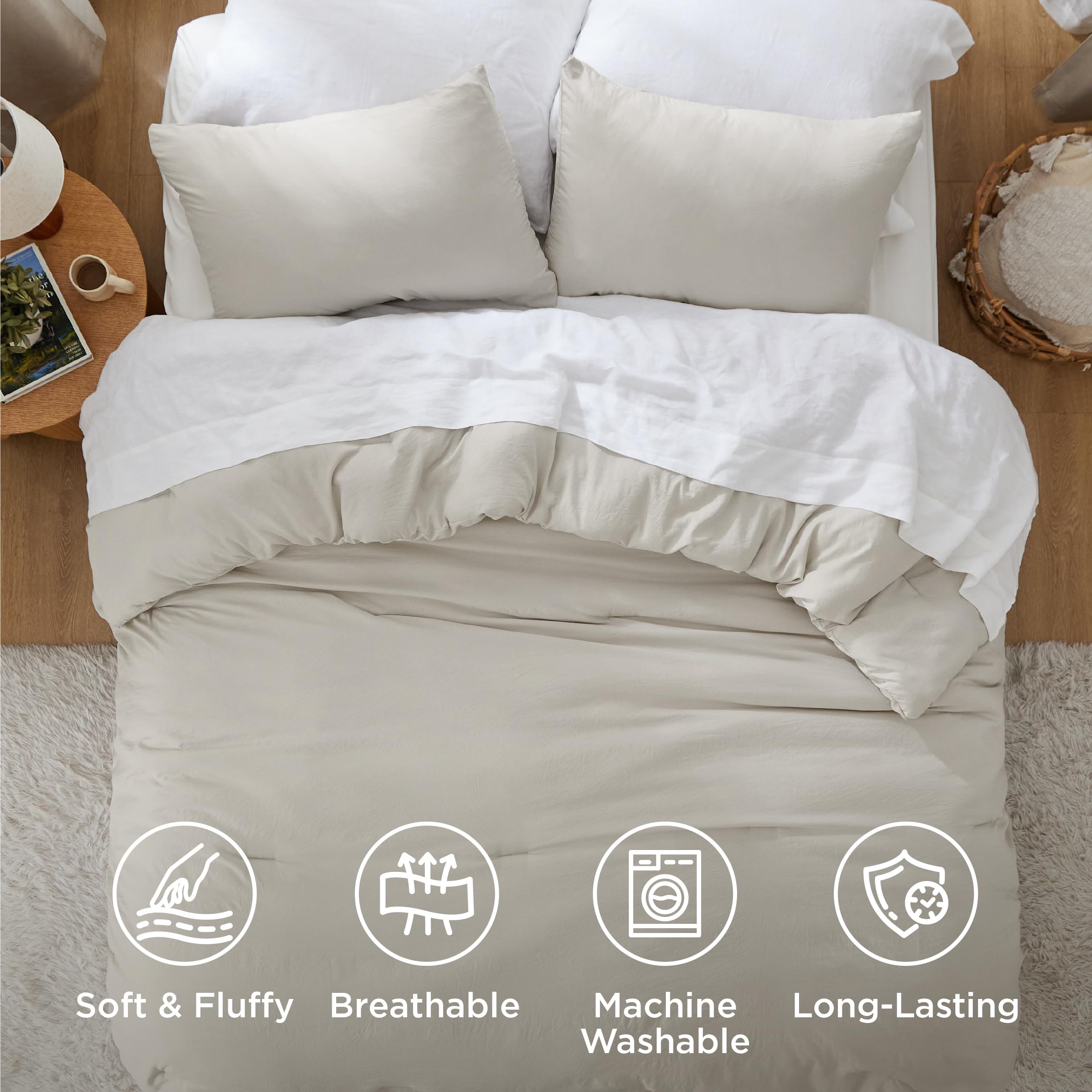 Bedsure beige bedroom scene highlighting coordinated bedding and calm style