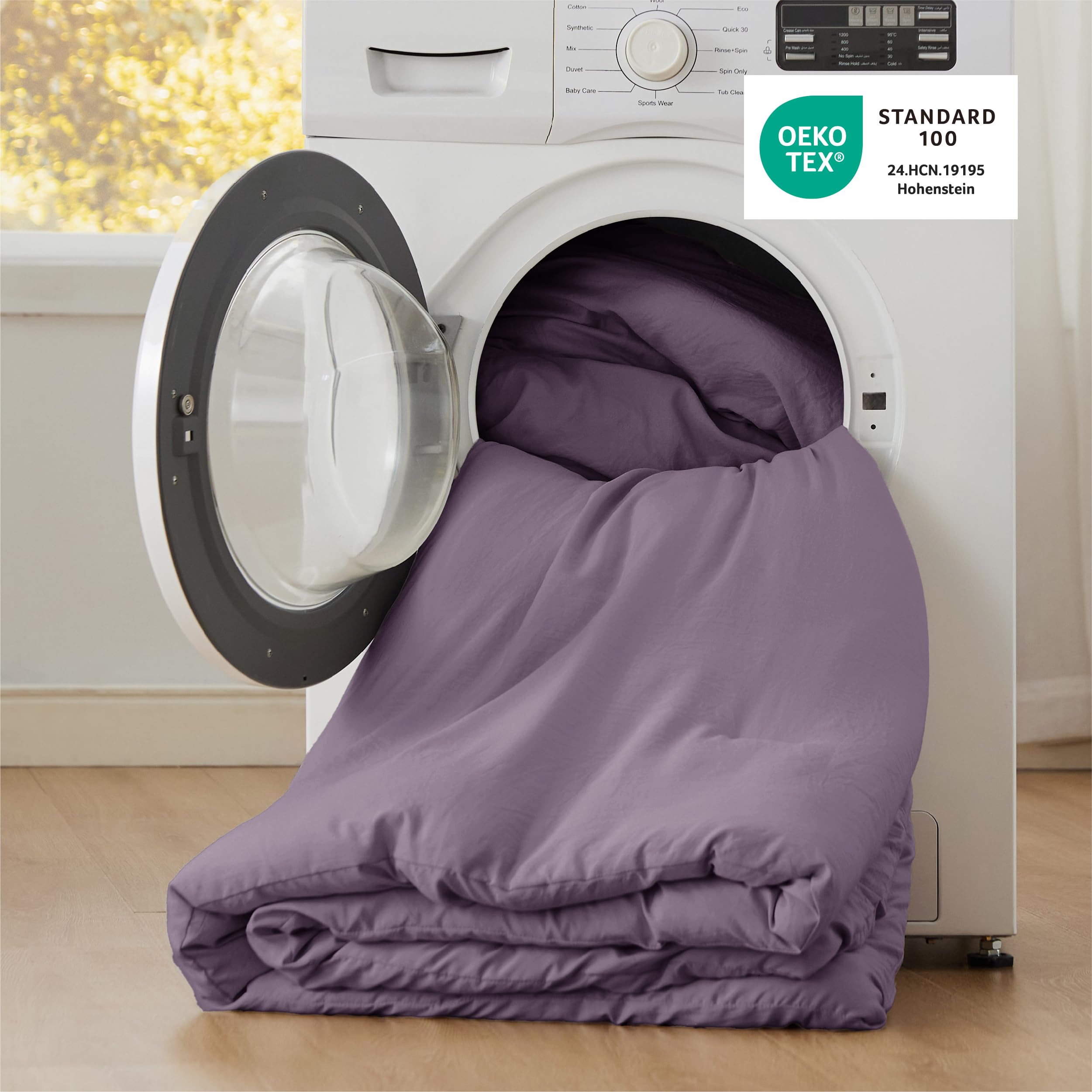 Bedsure bedroom scene with grayish purple bedding showcases chic, elegant mood.