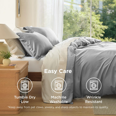 Bedsure grey bedding shown in a tidy bedroom setup for everyday luxury.