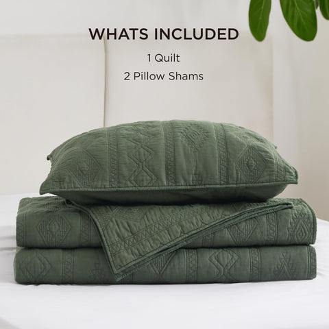 Bedsure bedroom scene with olive green quilt draped for a relaxed look