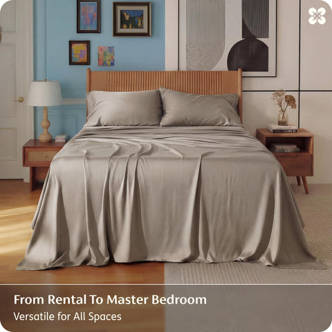 Bedsure taupe bedroom scene showcases hotel-like luxury and versatile styling.