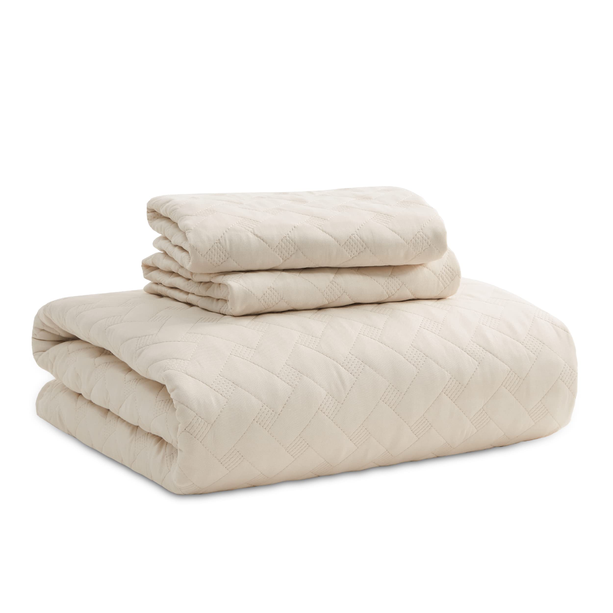 Bedsure beige quilt on bed creates inviting bedroom ambiance