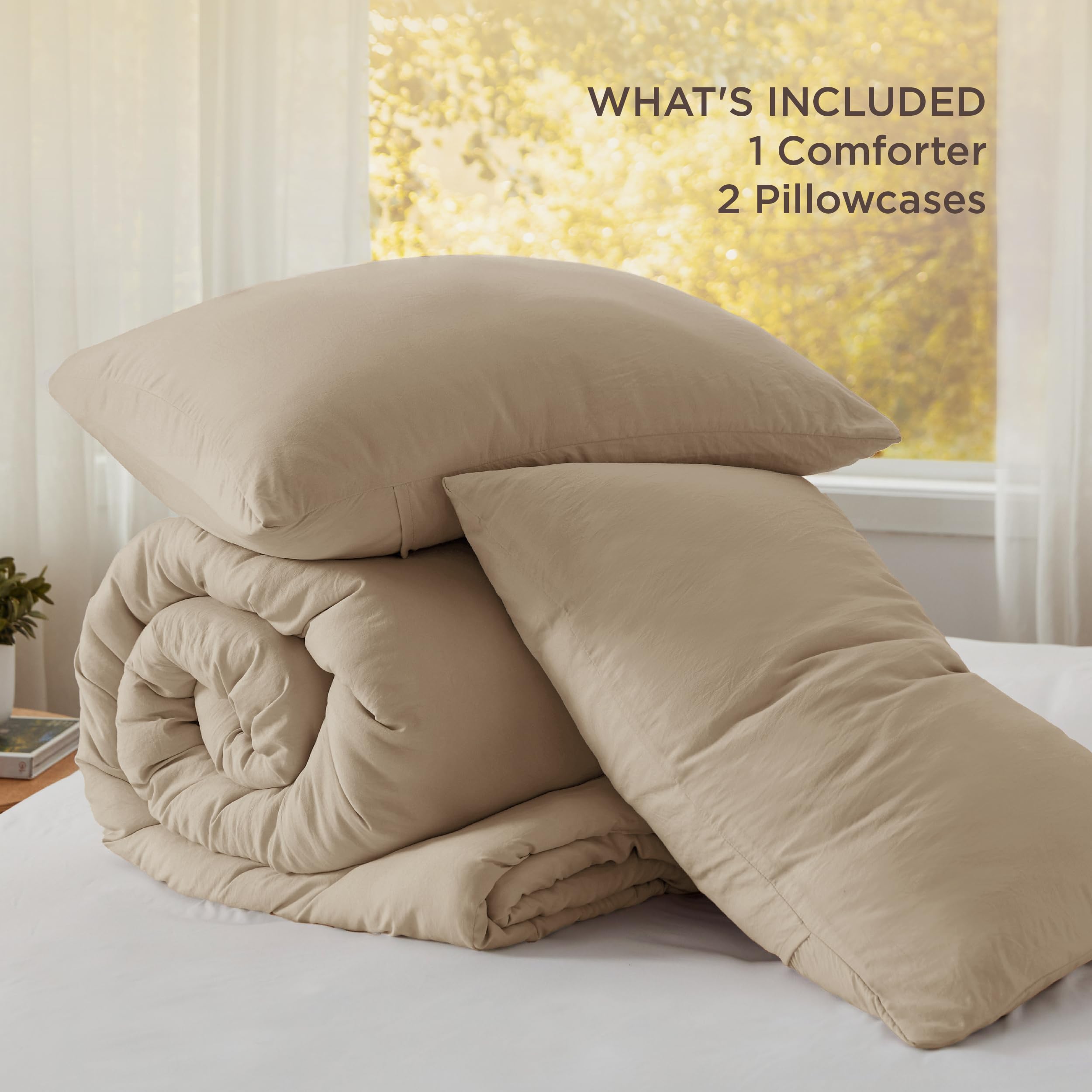 Bedsure bedroom setup shows chic, easy-care bedding with calm khaki tone.