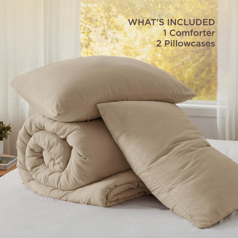 Bedsure bedroom setup shows chic, easy-care bedding with calm khaki tone.