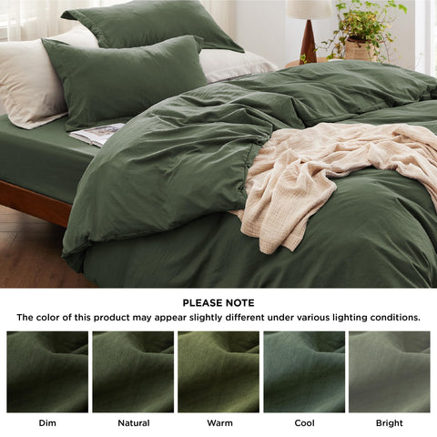 Bedsure bedroom setup image with olive green bedding in a modern space.