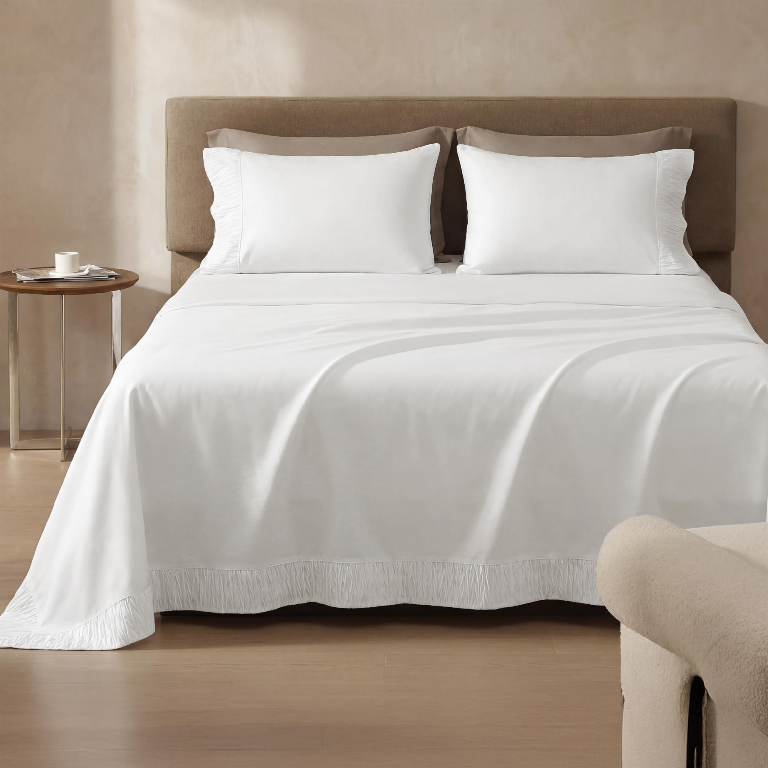 Bedsure bright white bedding creates a clean hotel-inspired bedroom look