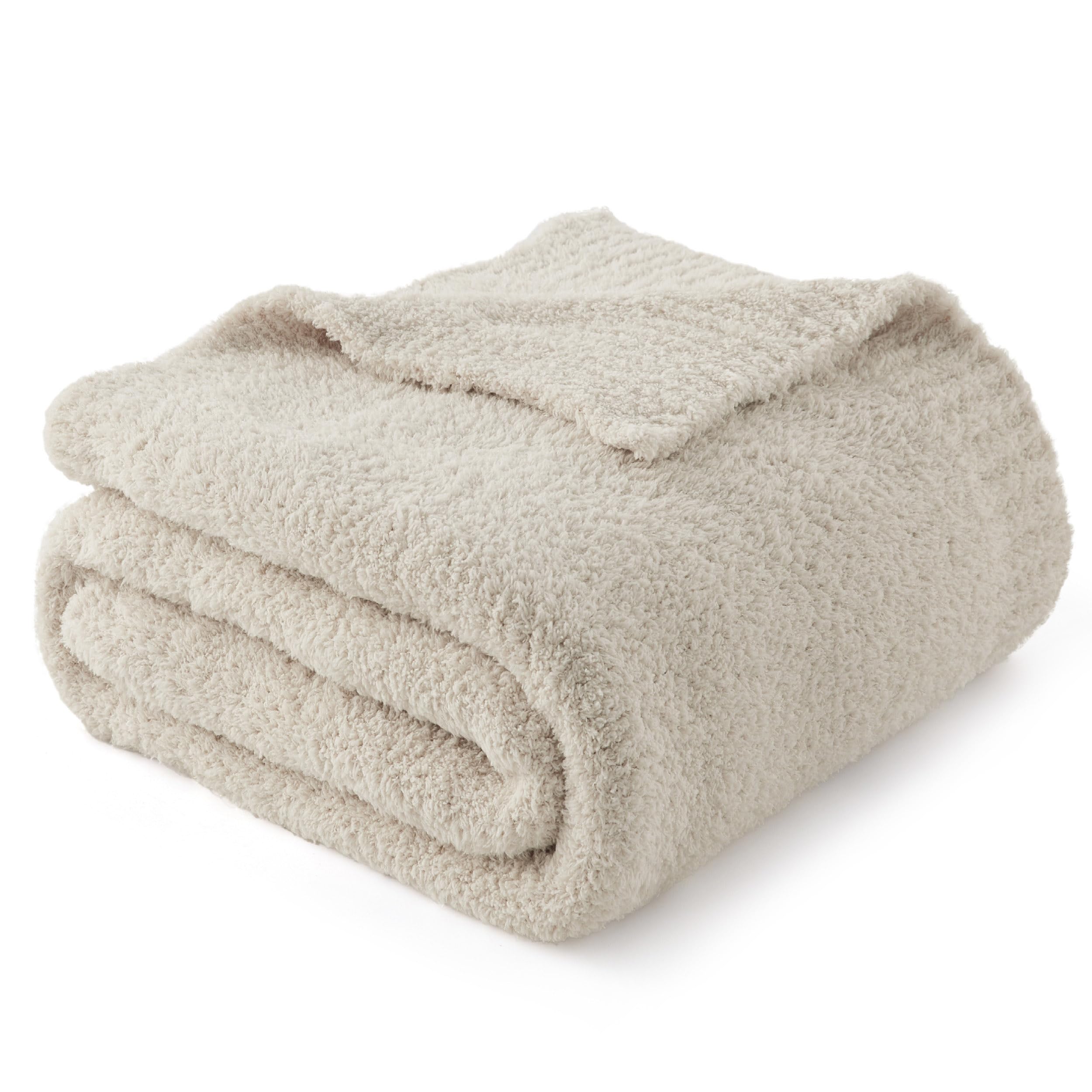 Bedsure beige knit throw blanket front view shows ultra soft texture for cozy evenings.