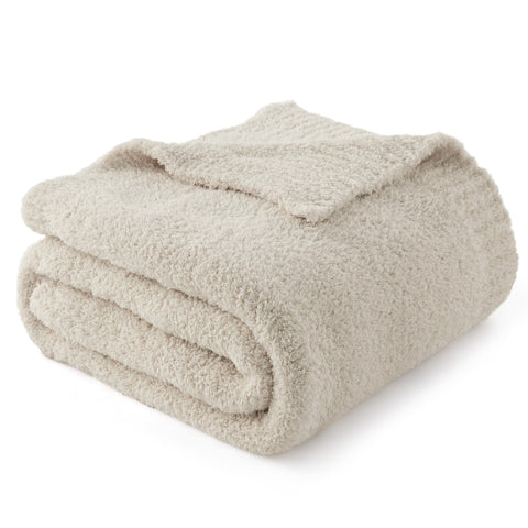 Bedsure beige knit throw blanket front view shows ultra soft texture for cozy evenings.