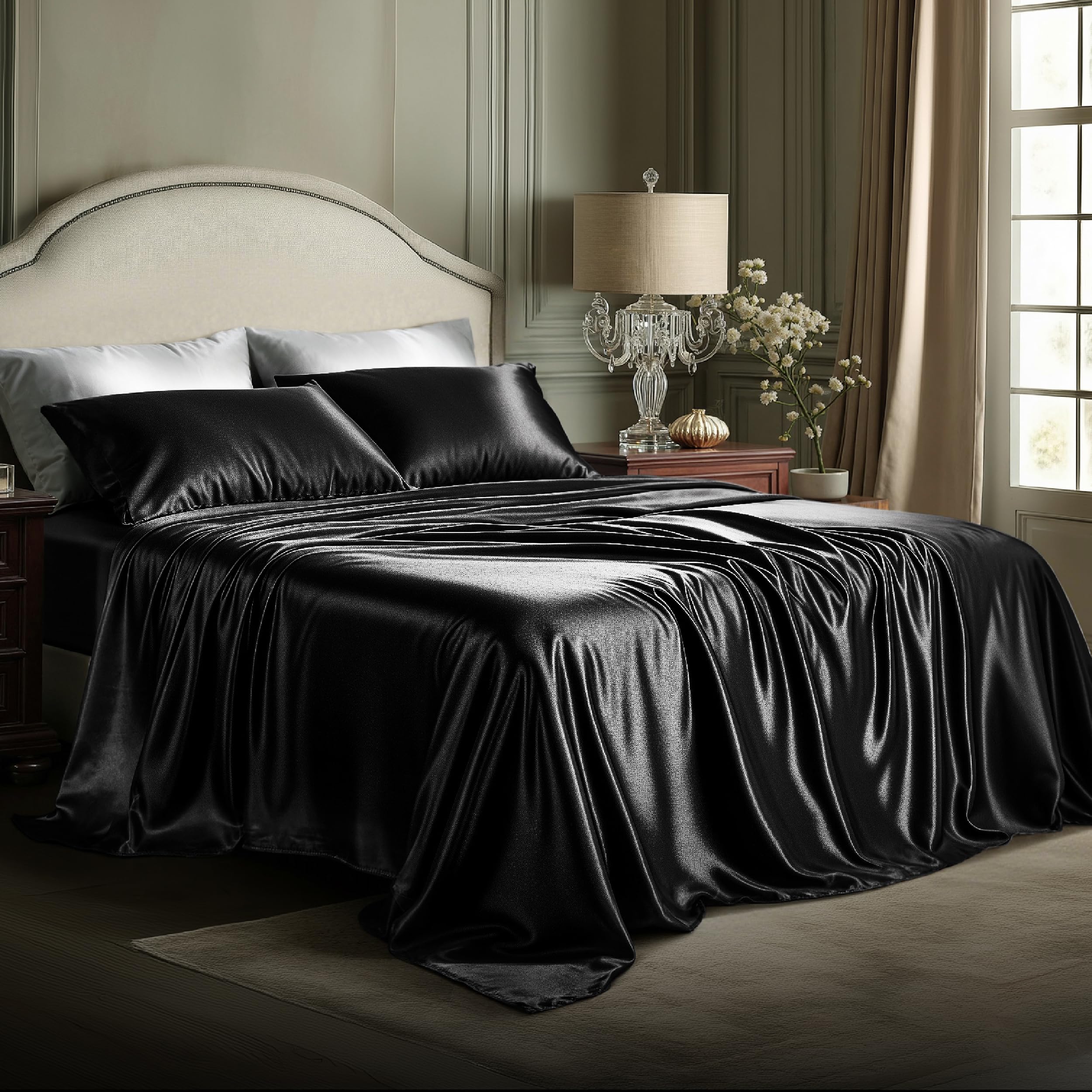 Bedsure black satin sheets king bed setup showing elegant drape and smooth texture