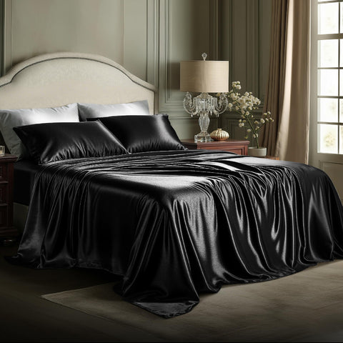 Bedsure black satin sheets king bed setup showing elegant drape and smooth texture
