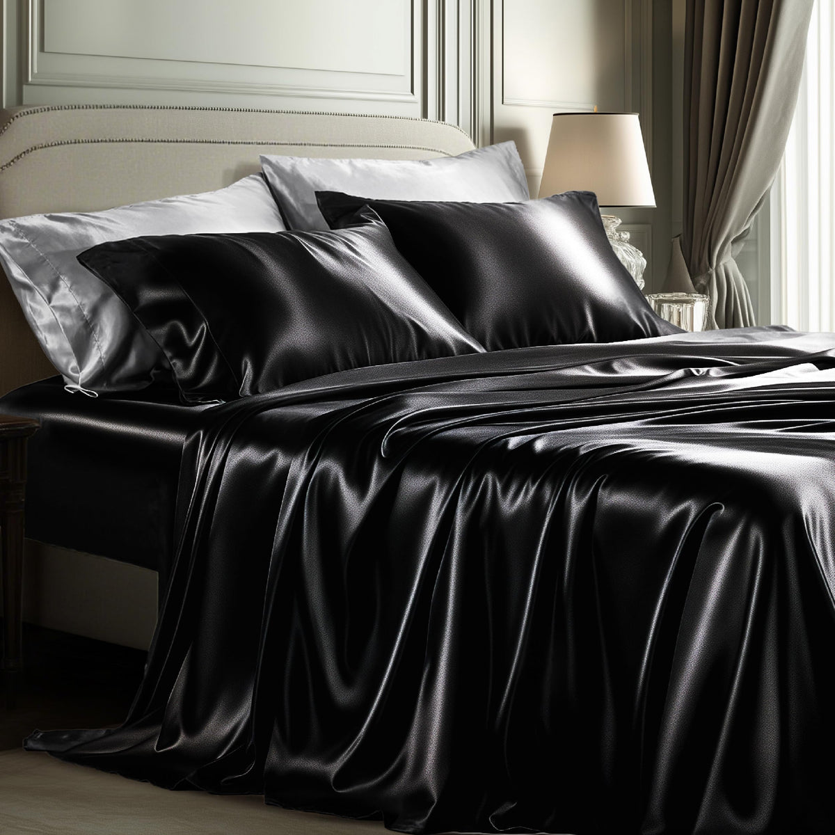 Bedsure black satin queen flat sheet with a silky finish for smooth sleep.