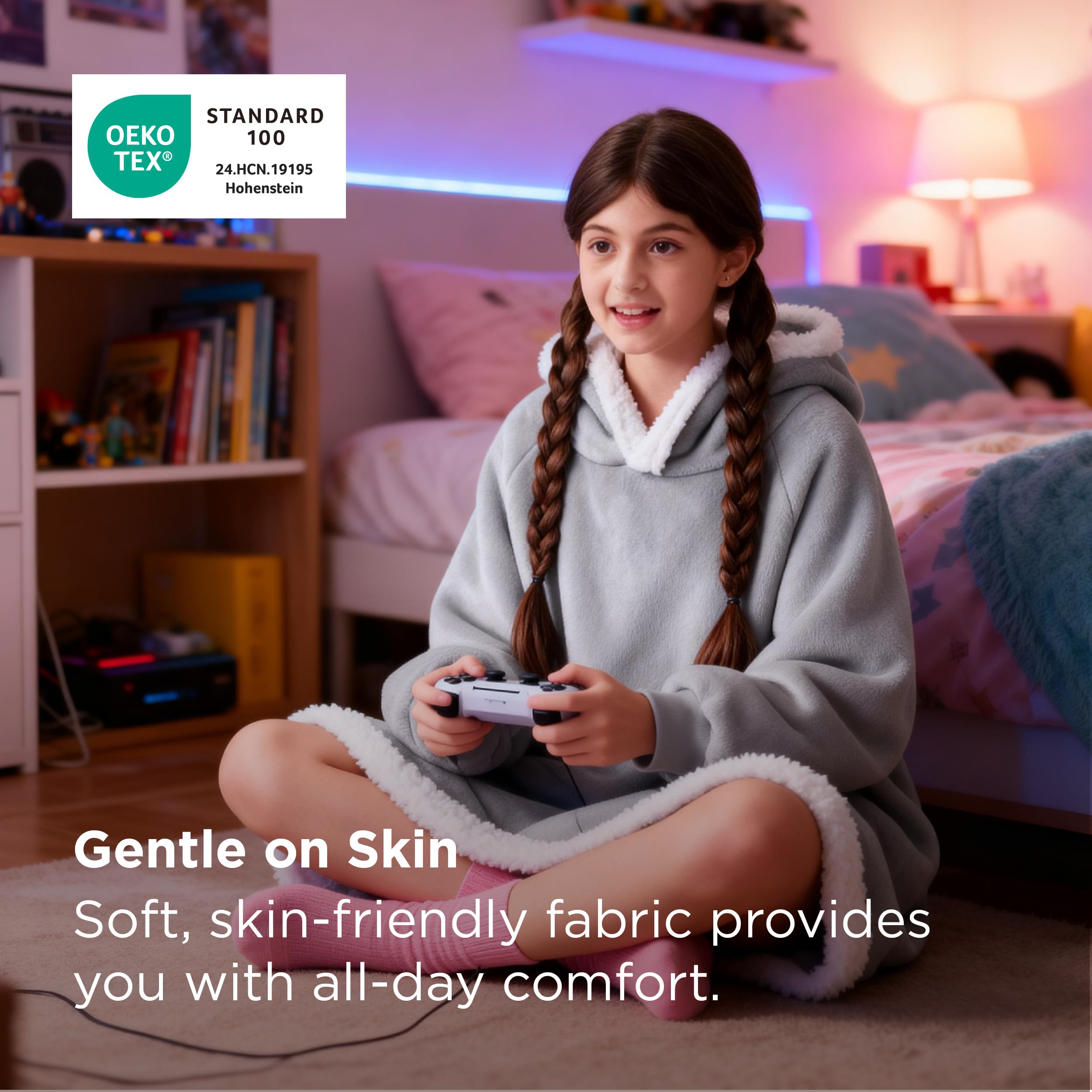 Bedsure blanket hoodie worn with arms free for easy activities.
