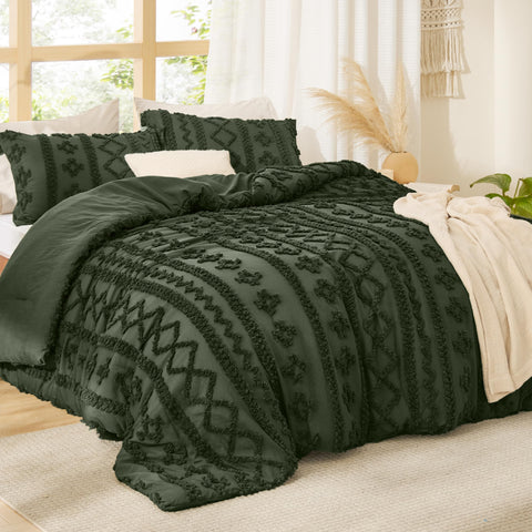 Boho olive green bedroom setup highlighting Bedsure styling.