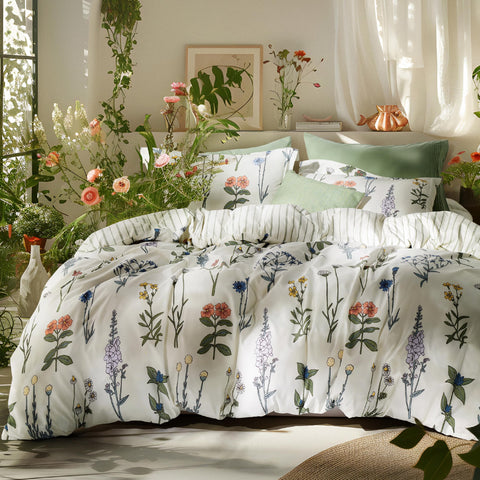 Bedsure botanical comforter close-up shows vibrant print and premium microfiber.