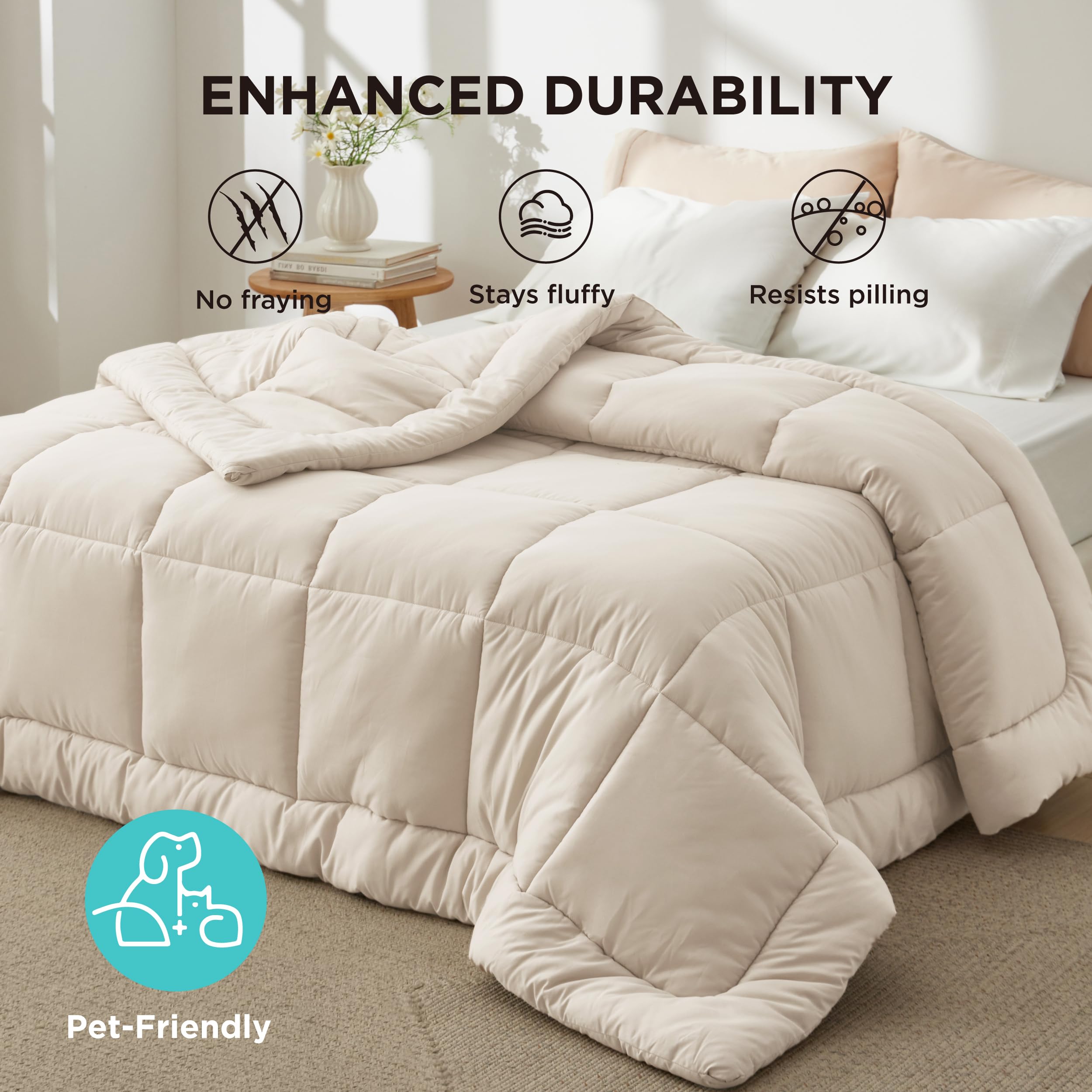 Bedsure box-stitch warmth image emphasizes durable construction and shape retention.