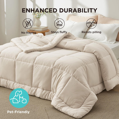 Bedsure box-stitch warmth image emphasizes durable construction and shape retention.