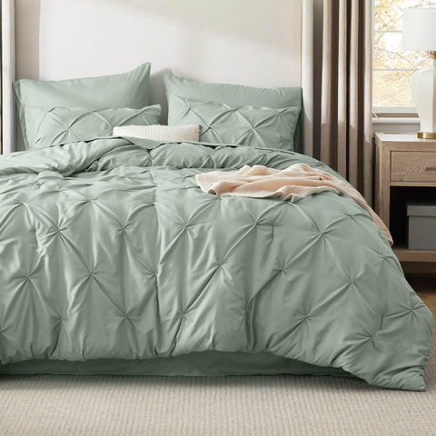 Bedsure California King pinch-pleat comforter in sage green for a plush look
