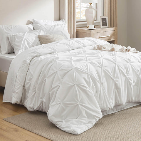 Bedsure California King comforter set white pinch-pleat closeup showing plush microfiber softness