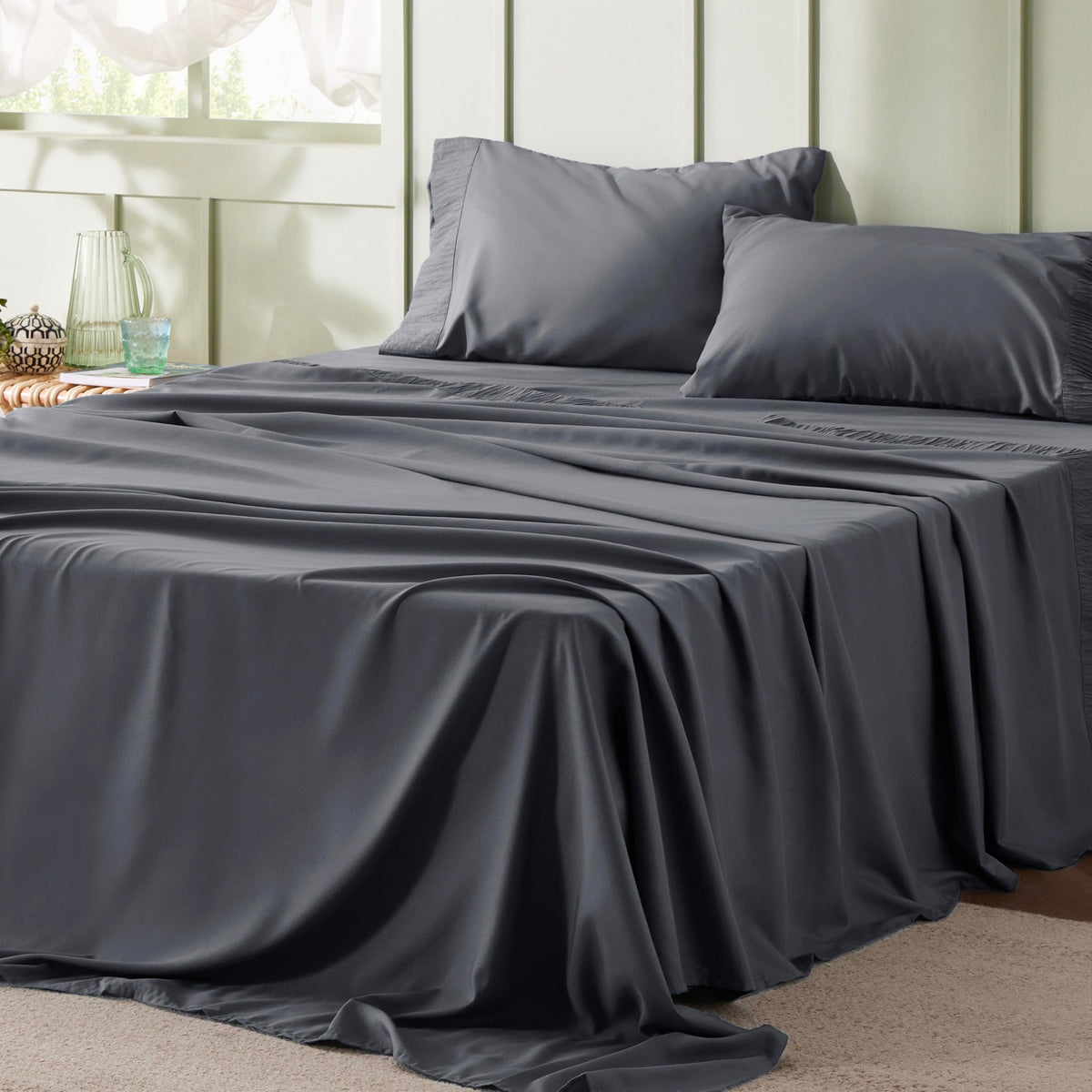Bedsure California King flat sheet with ruched border adds elegant hotel-inspired style.