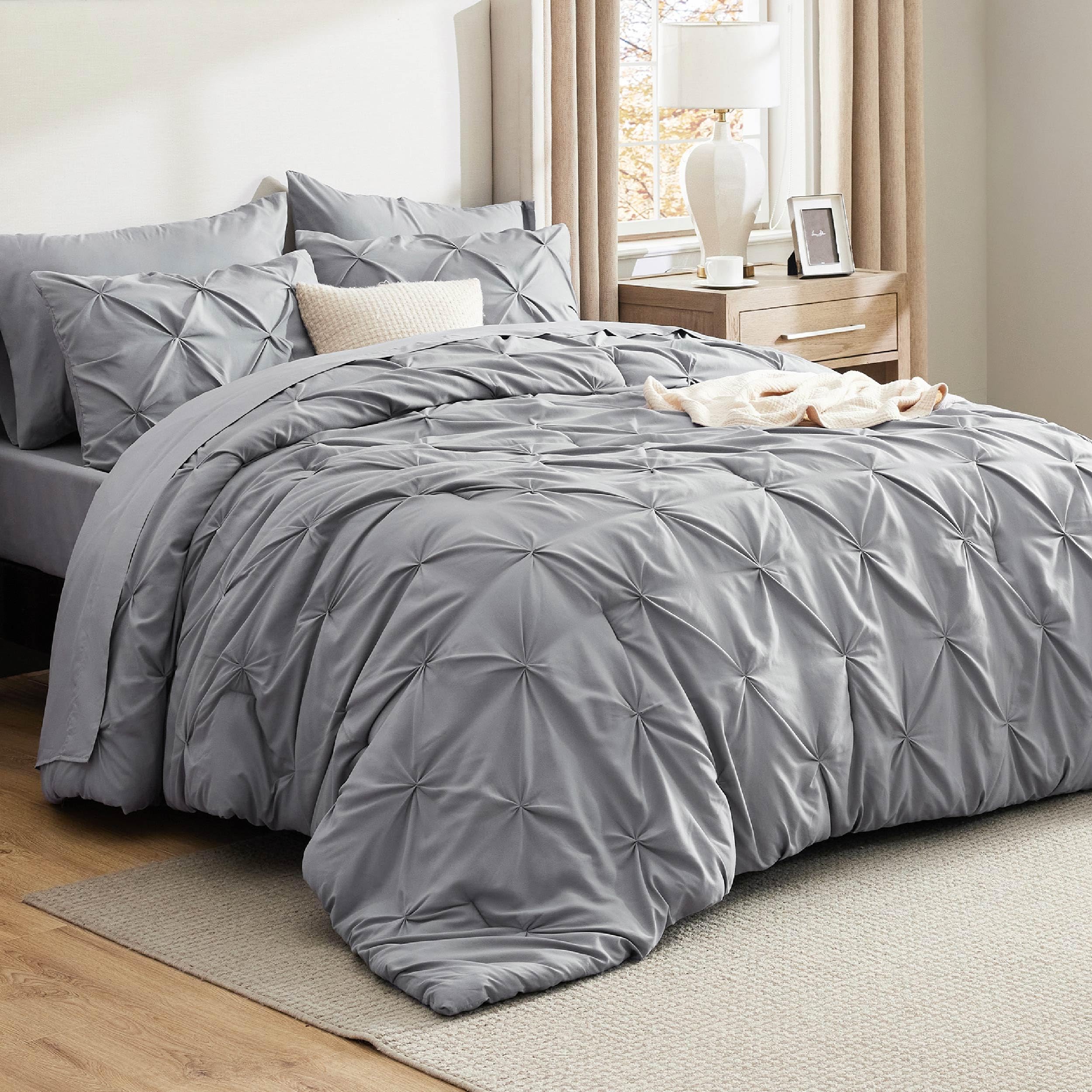 Bedsure California King Grey Comforter Set close-up shows soft microfiber for cozy nights