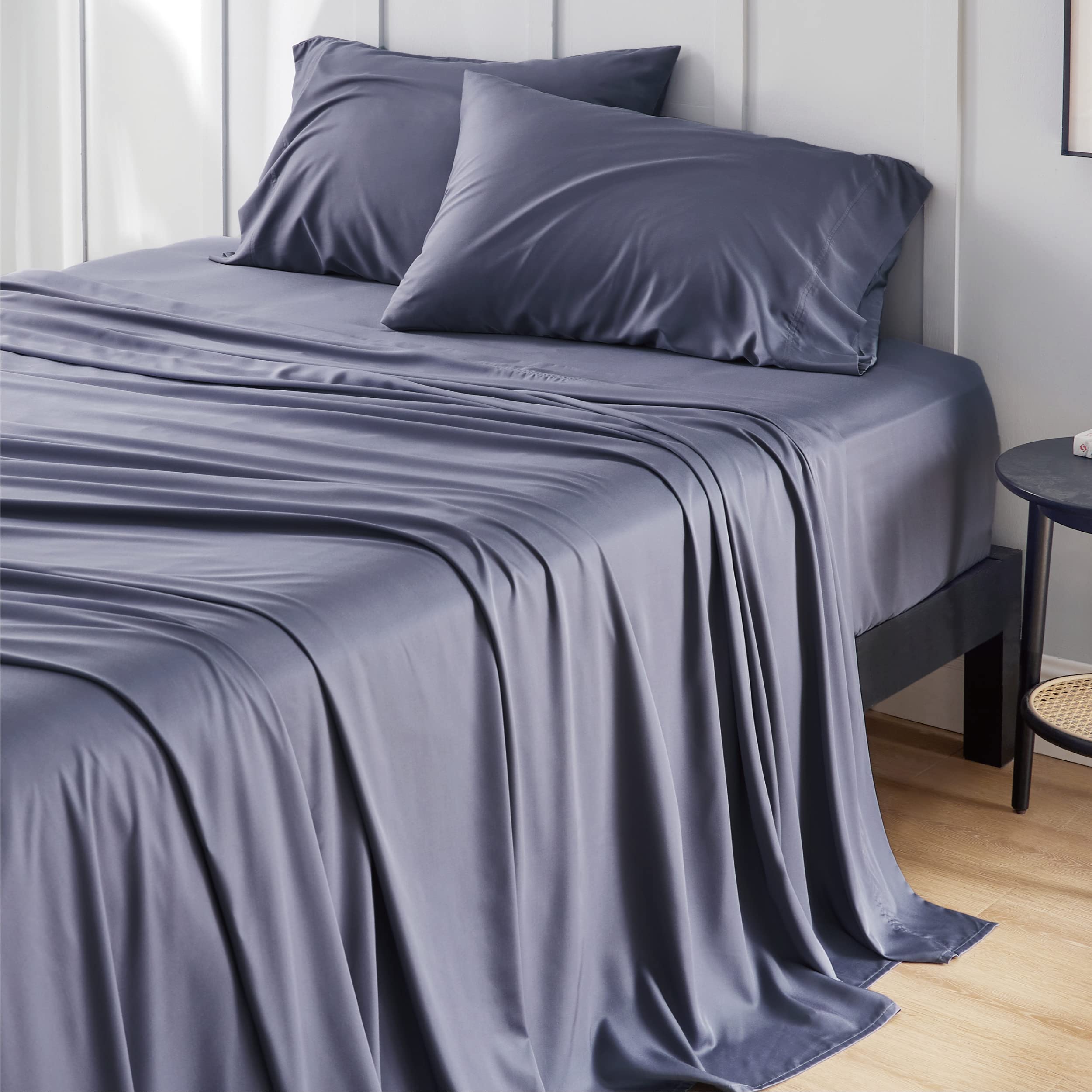 Bedsure California King flat sheet in dark grey offers silky softness for hot sleepers.