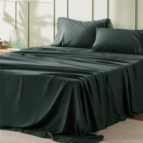 Bedsure California King sheet set in forest green offers soft, breathable comfort.
