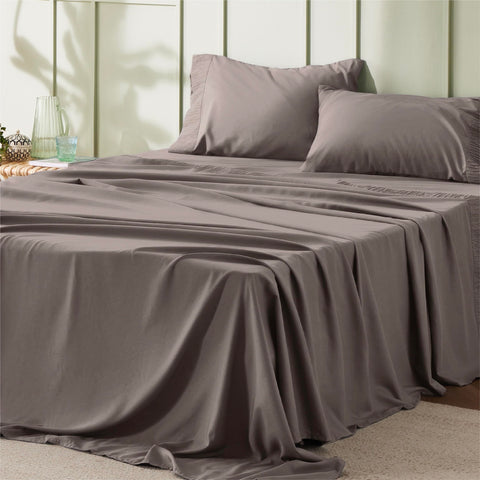 Bedsure California King sheet set in soft microfiber offering cool, silky comfort.