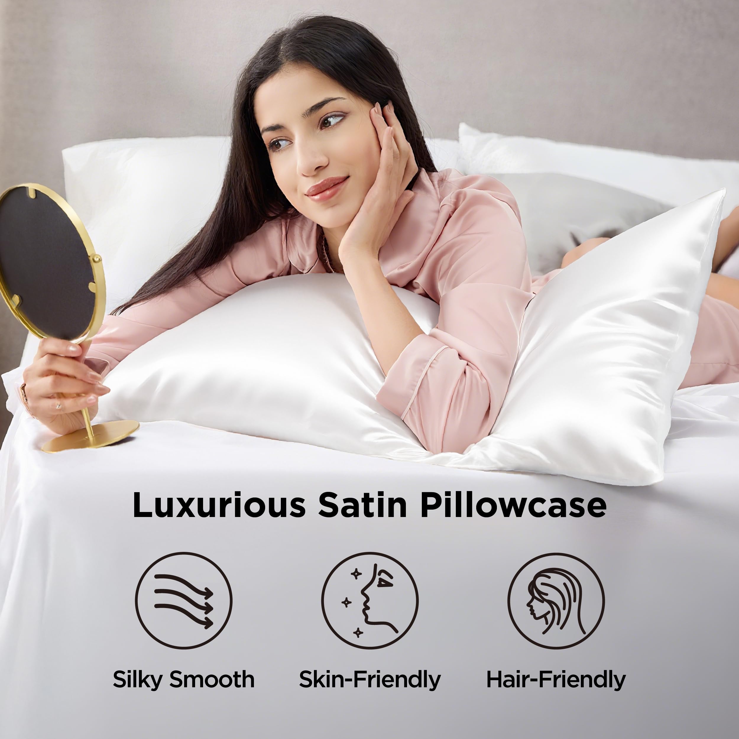 Bedsure close-up satin texture pillowcase showing silky feel for minimal friction
