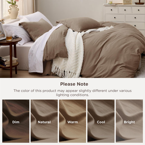 Bedsure Coffee bedding in a stylish room scene emphasizes decor compatibility.