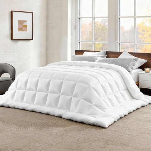 Bedsure oversize queen comforter on a bed showing cozy all-season warmth.