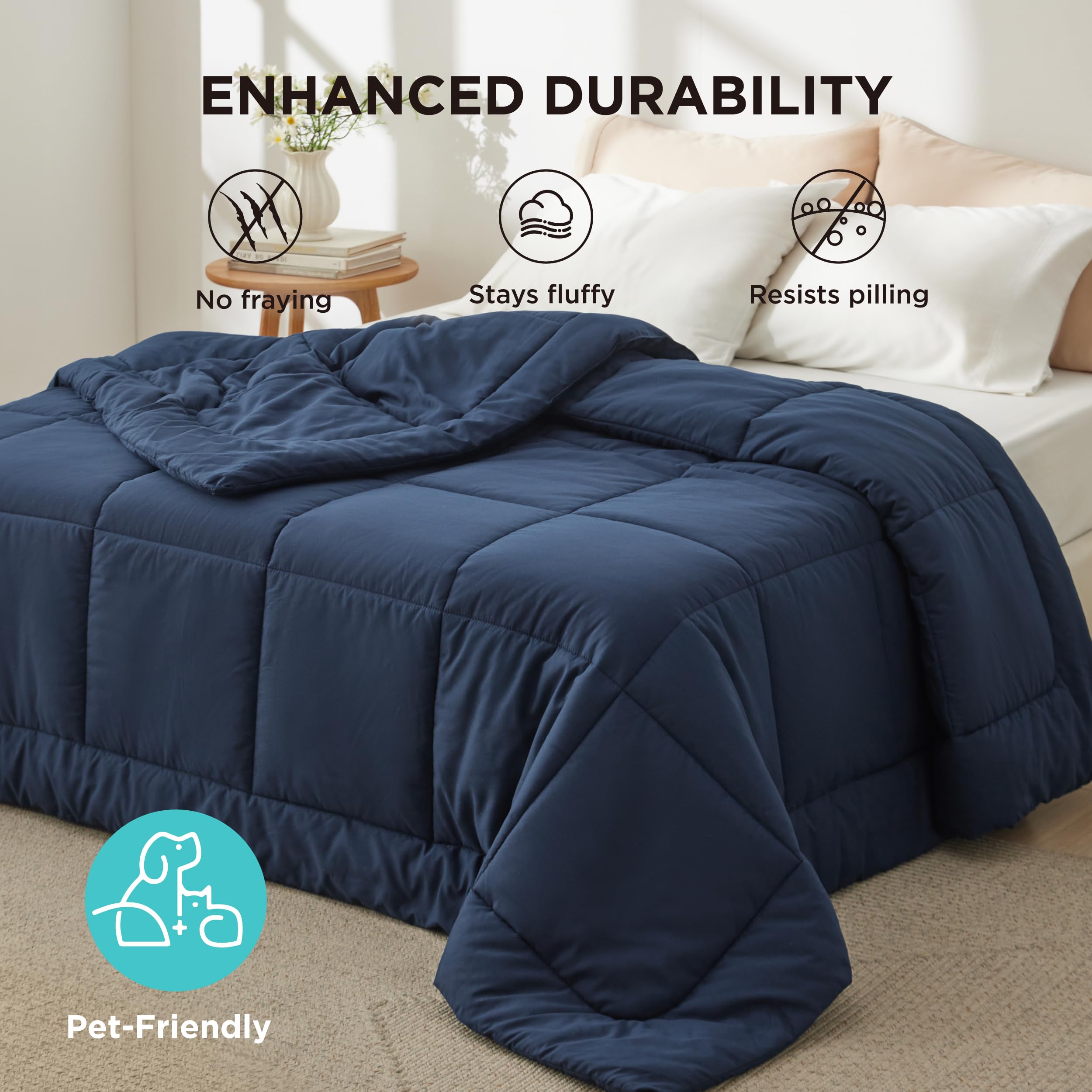 Bedsure navy comforter blends with most bedding styles for versatile setup.
