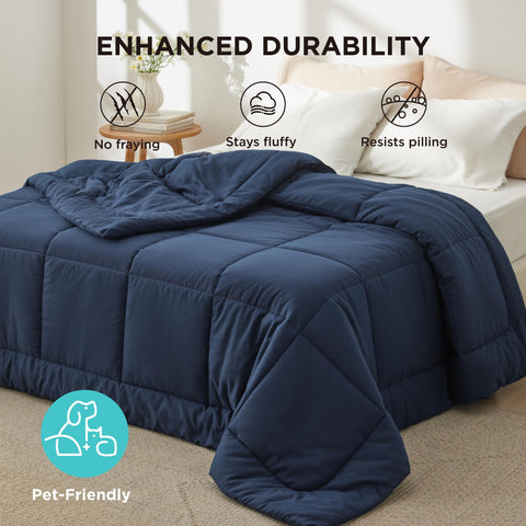 Bedsure navy comforter blends with most bedding styles for versatile setup.
