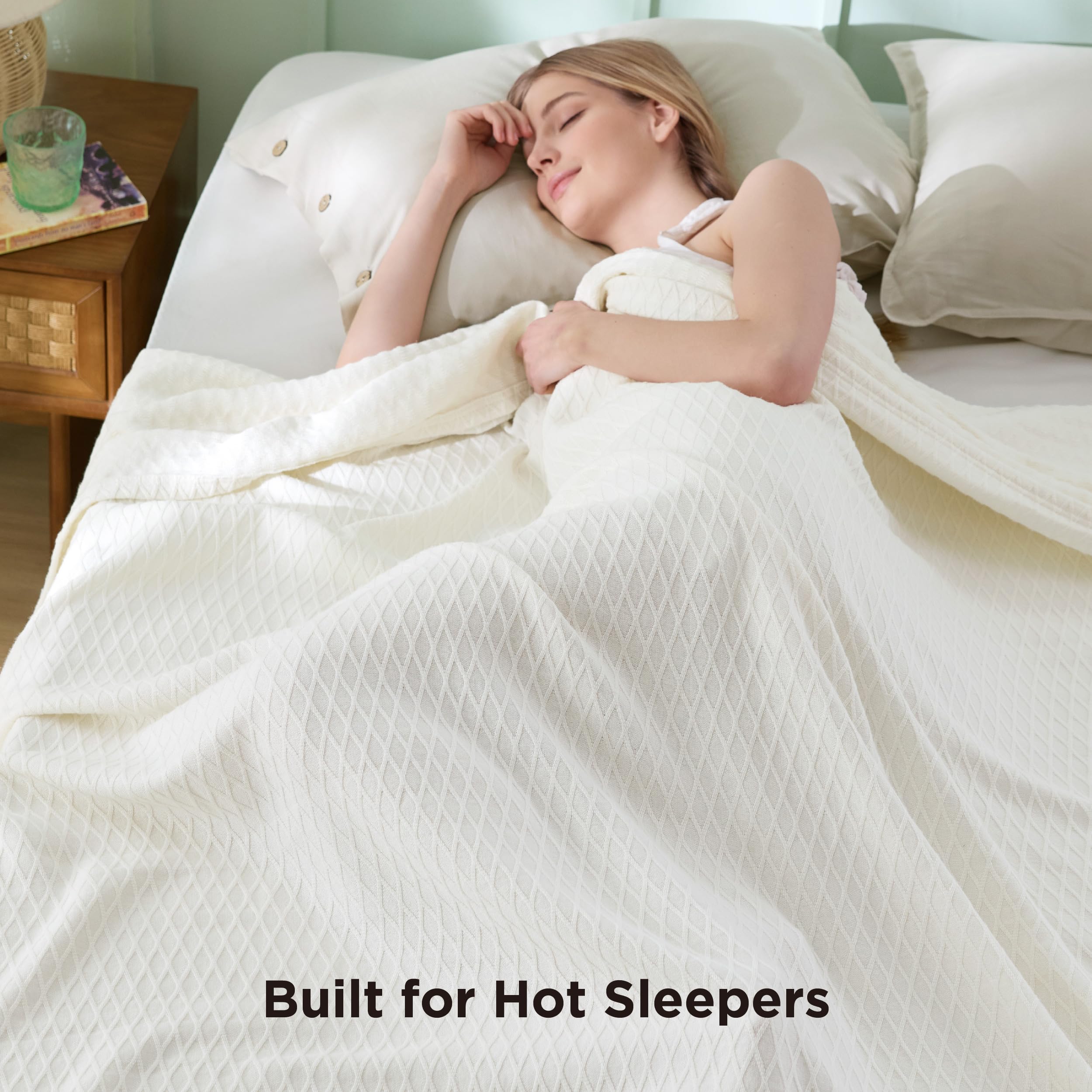 Bedsure cooling blanket close-up shows soft cotton-bamboo blend.