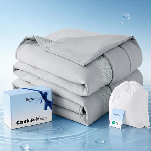 Bedsure cooling comforter king size front view on bed showing balanced cooling