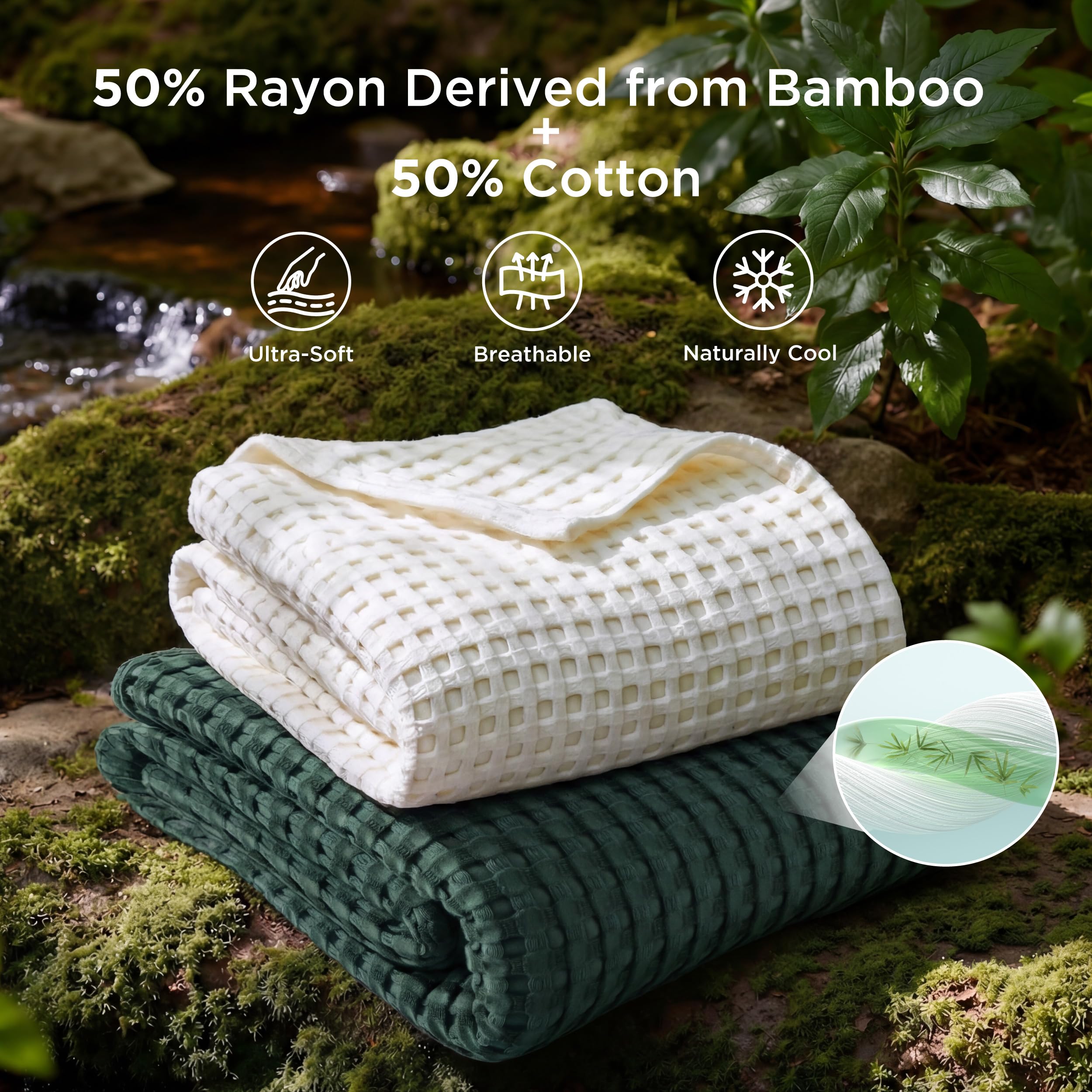 Bedsure cooling cotton waffle blanket draped on bed highlights lightweight warmth.