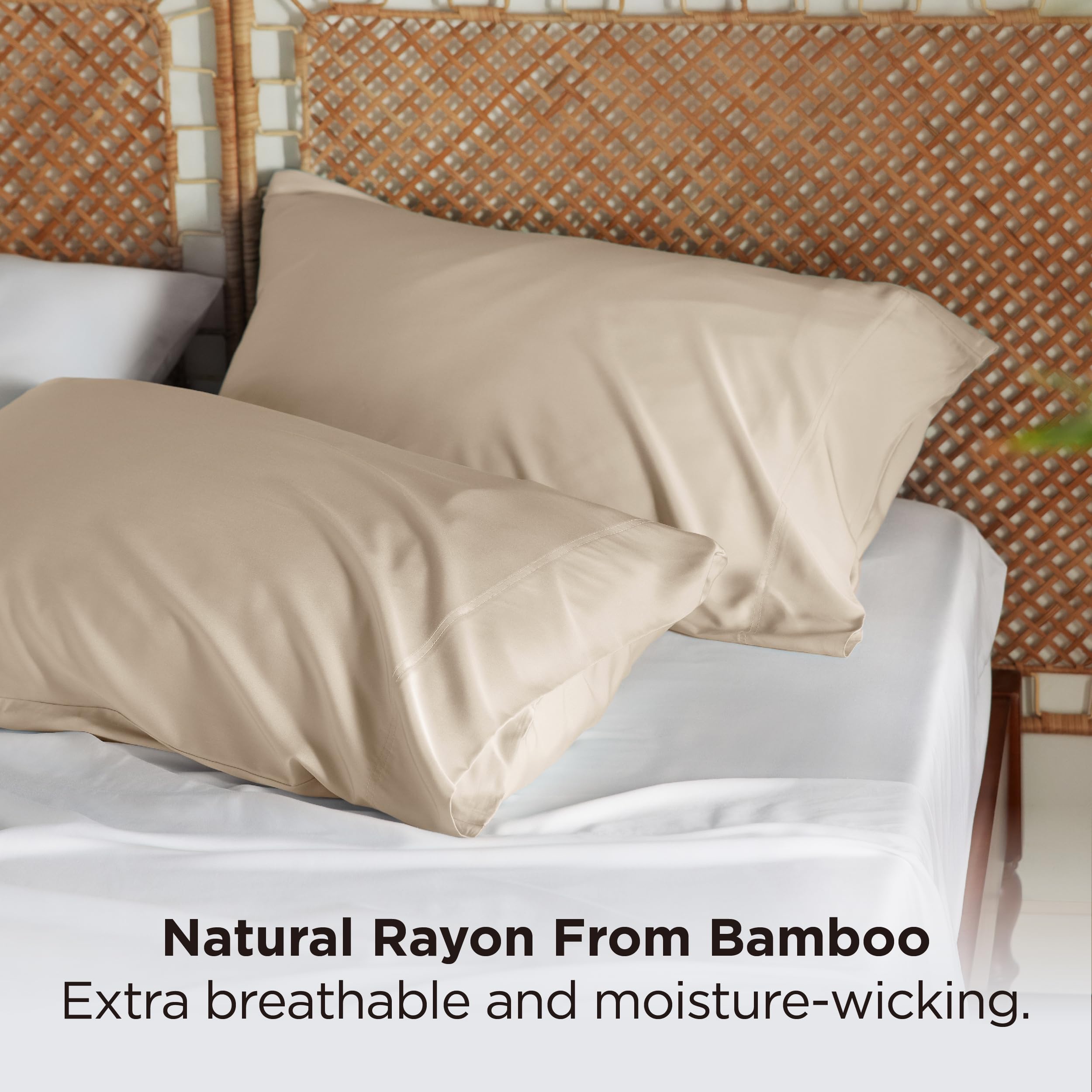 Bedsure beige twill weave closeup emphasizes silky soft touch and reduced hair friction