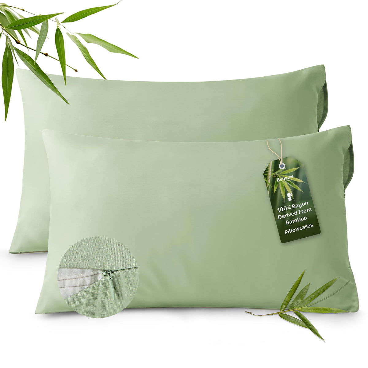 Bedsure cooling pillowcase in sage green with zipper closure for secure fit.