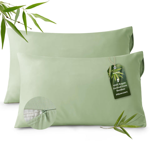 Bedsure cooling pillowcase in sage green with zipper closure for secure fit.
