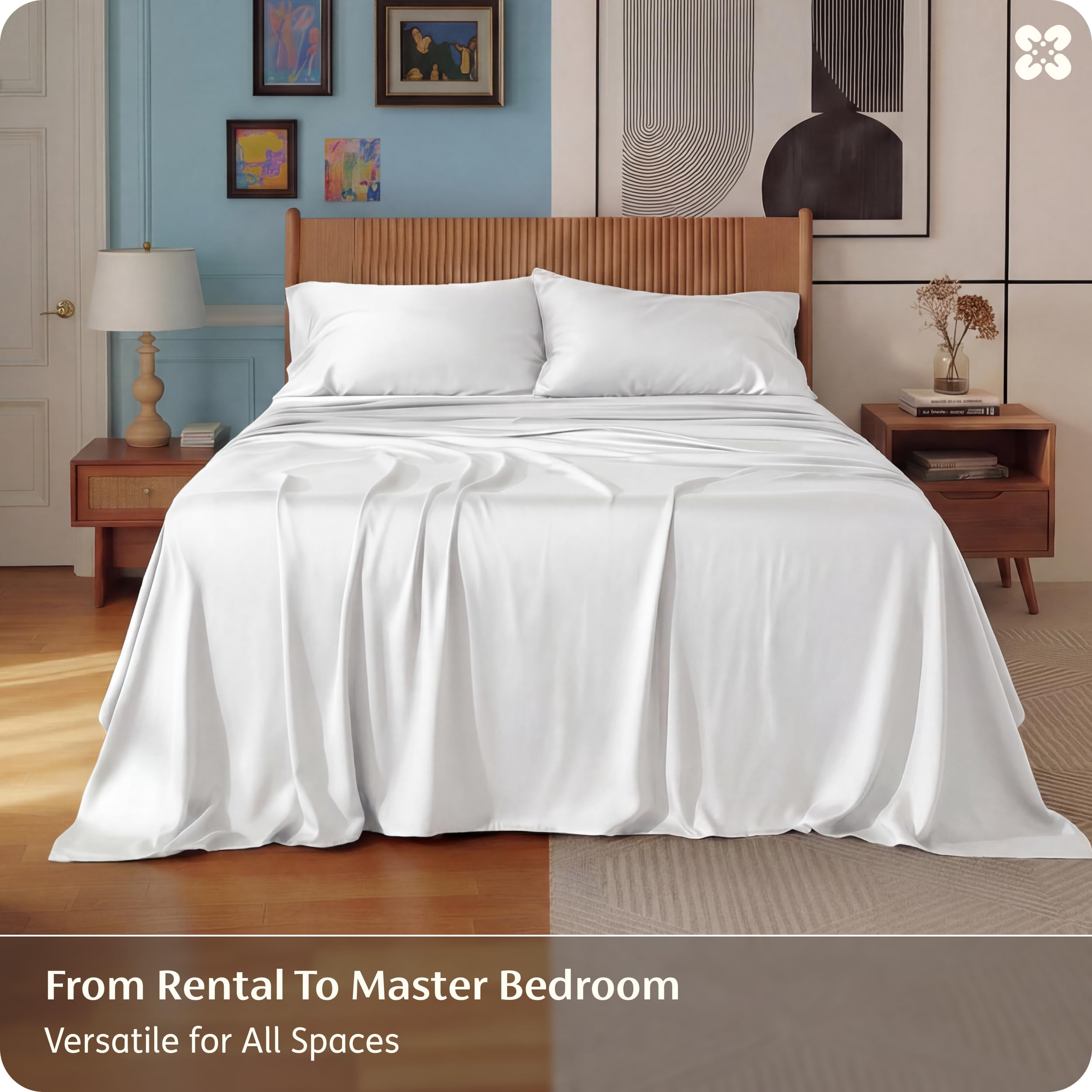 Bedsure cooling sheets on white bedding illustrate moisture-wicking and airy comfort
