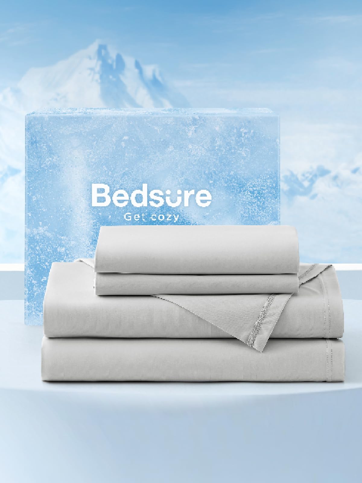 Bedsure cooling sheets queen set packaging showing breathable, cooling fabric