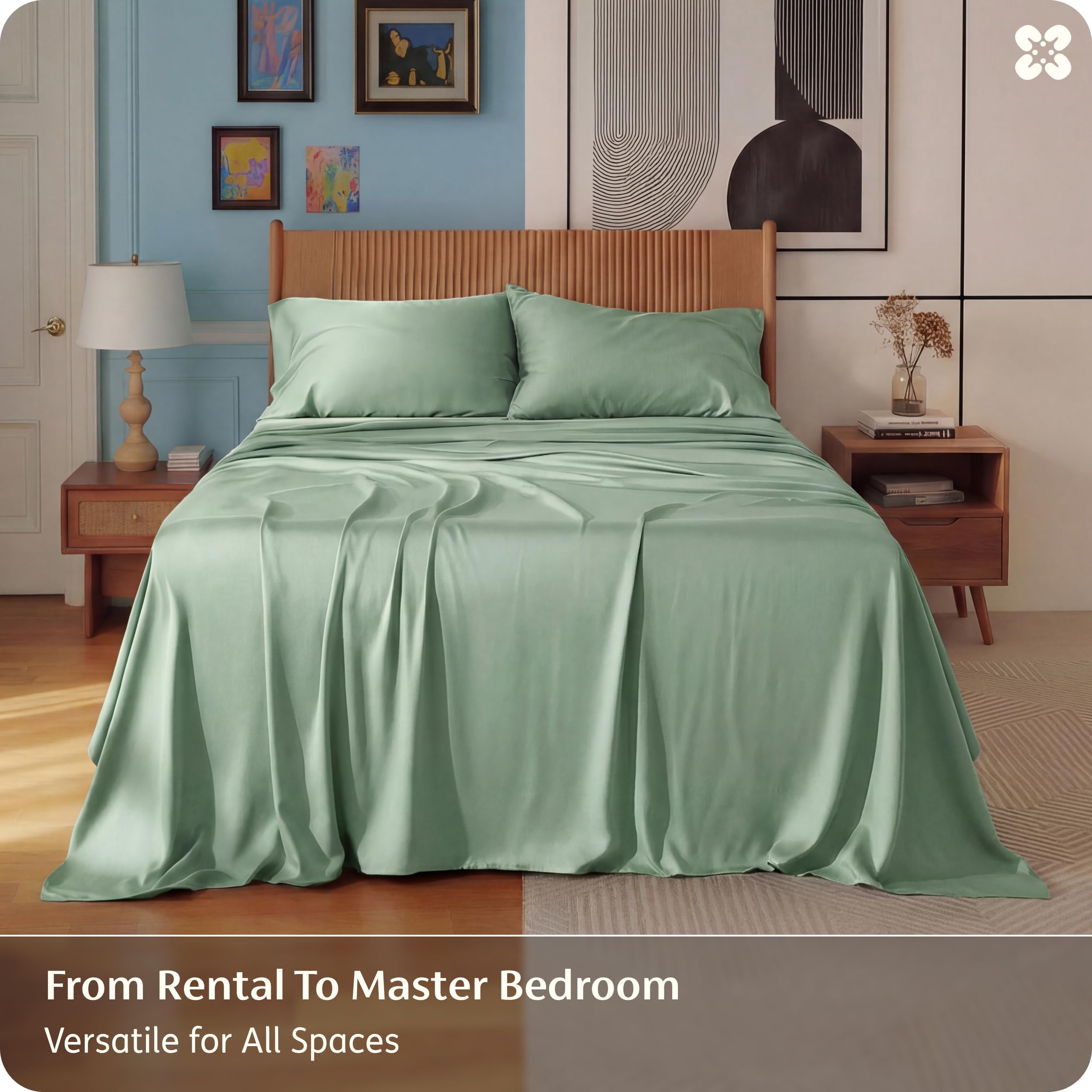 Bed setup with Bedsure bedding showing a cool, silky surface.