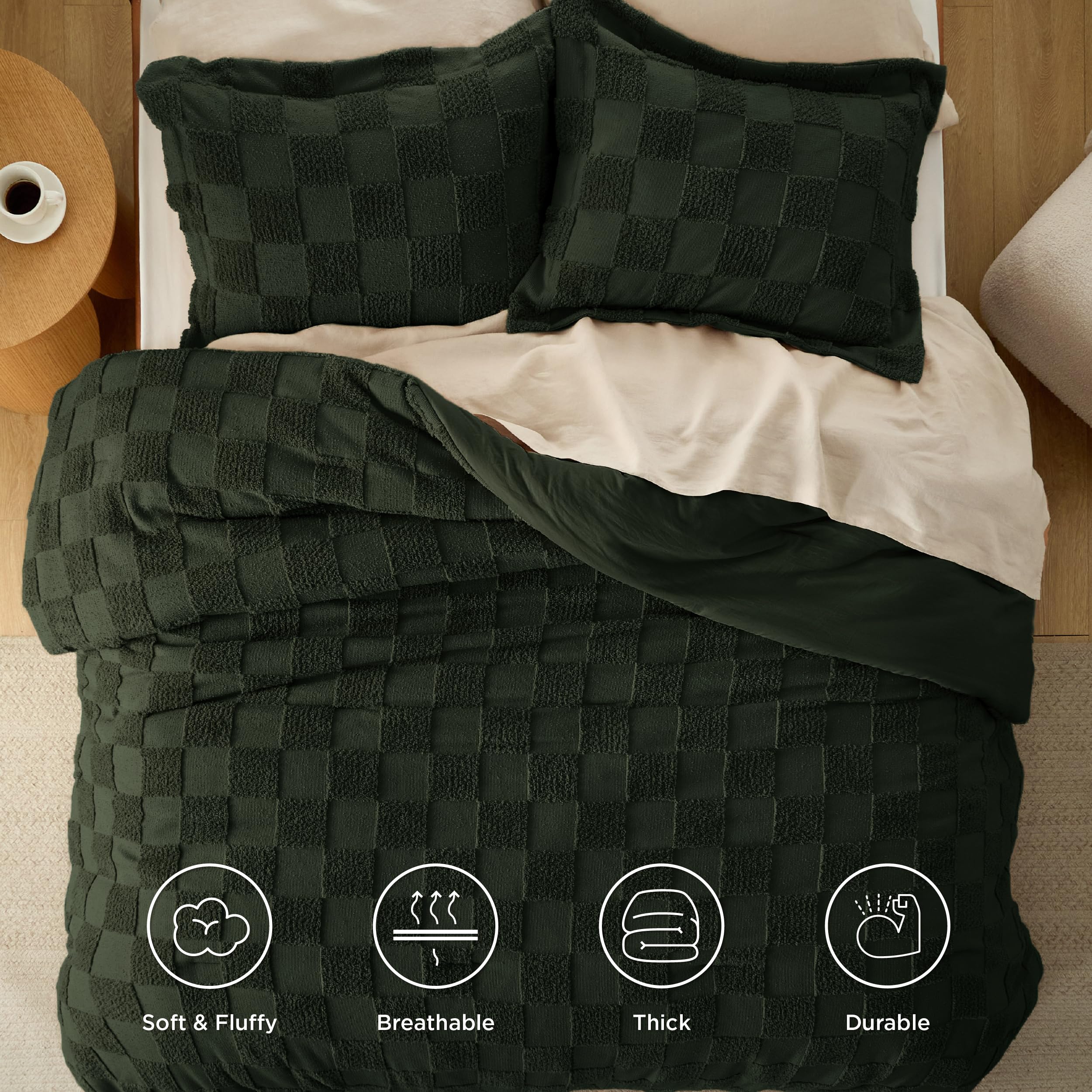 Bedroom scene featuring Bedsure dark olive green bedding with boho vibe