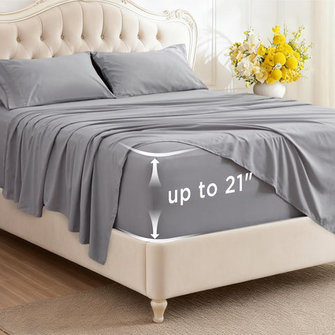 Bedsure deep-pocket flat sheet in light grey with a smooth, cool feel