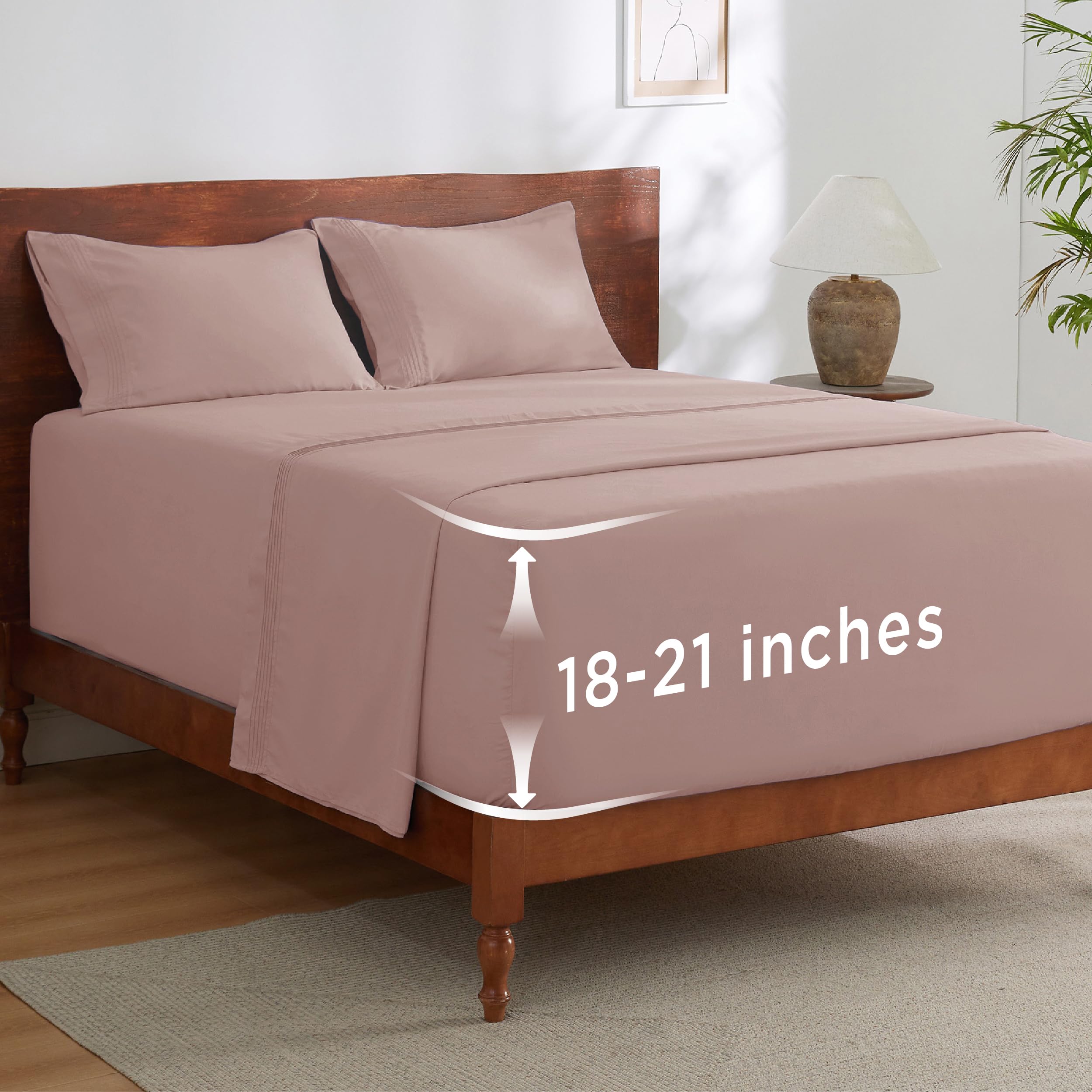 Bedsure deep-pocket queen fitted sheet with 21-inch depth for a secure fit.