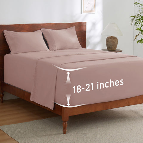Bedsure deep-pocket queen fitted sheet with 21-inch depth for a secure fit.