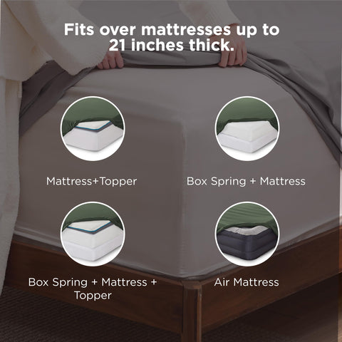Bedsure deep-pocket queen fitted sheet demonstrates 21-inch deep pocket for thick mattresses.
