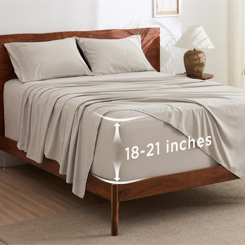 Bedsure deep-pocket queen flat sheet shows secure fit and cooling comfort