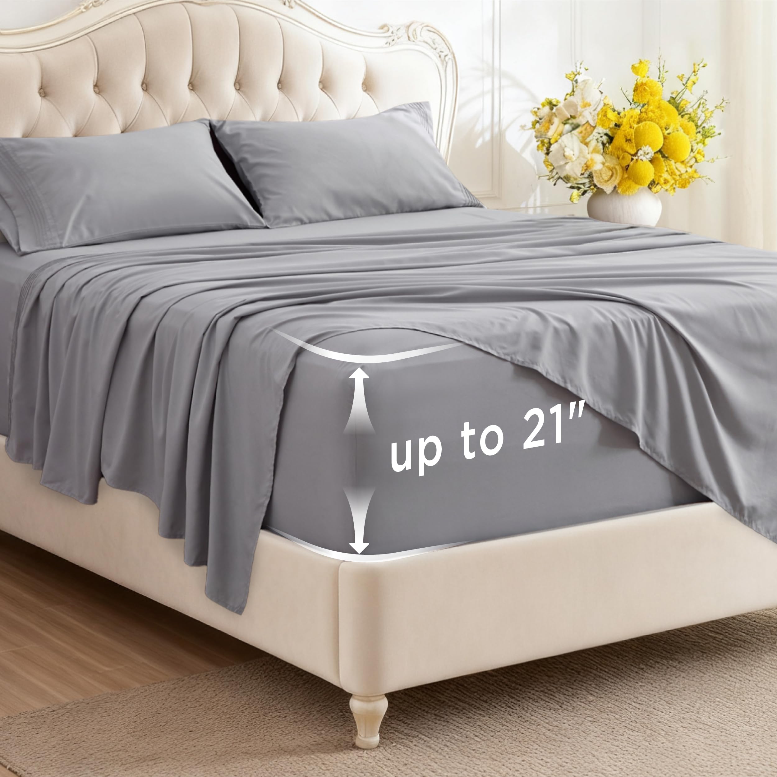Bedsure Deep Pocket Twin Fitted Sheet showing secure 21-inch mattress fit and smooth surface