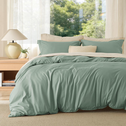 Bedsure king sage green duvet cover in soft fabric close-up for cozy nights