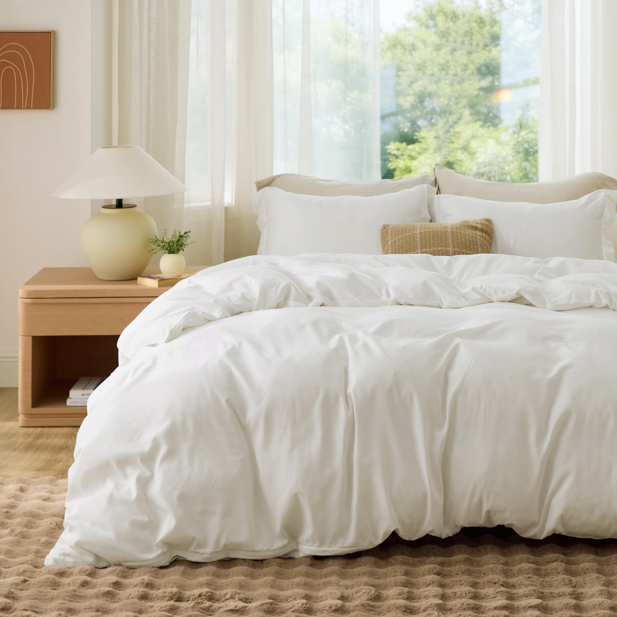 Bedsure queen duvet cover cream front view highlighting ultra-soft double-brushed fabric.